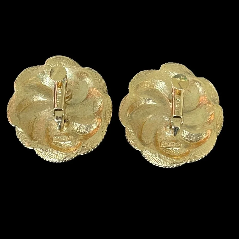 Vintage Rare NAPIER Gold Tone Swirl Button Disc Clip On Screw Back Earrings